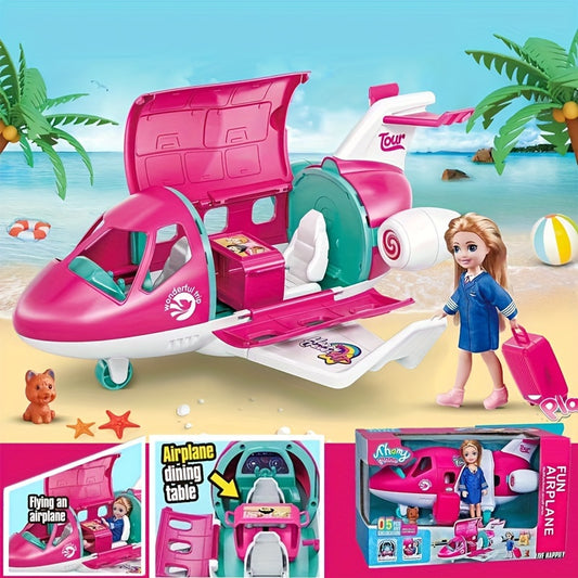1 Set Fashion Doll Airplane Accessories Dream Vehicle Trip Pilot Princess Doll Pink Color Playset Including Traveling Suitcase And Puppy Pet For Kids And Up Toys (Color Box)