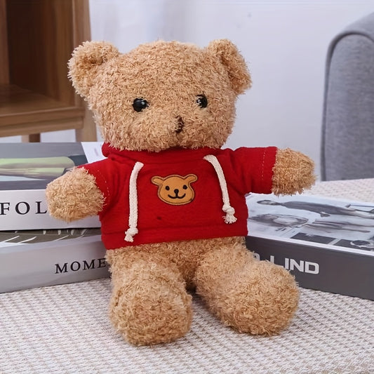 Adorable Red Teddy Bear Plush Toy with Hoodie - Soft Polyester Stuffed Animal, Perfect Birthday Gift for Family and Friends