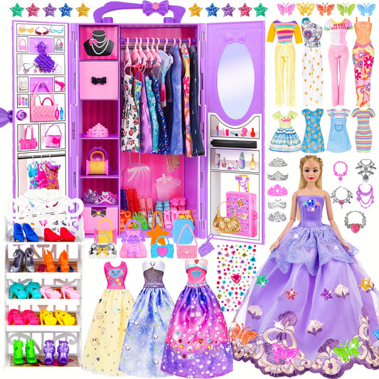 Fashion 91pcs 11.5 Inch Girl Doll With Clothes Accessories And Closet, Princess Gowns, Fashion Dresses, Outfits, Swimsuits.Doll Dress Up Toys For Girls Kids Toddlers.Christmas Gift For Ages 3+