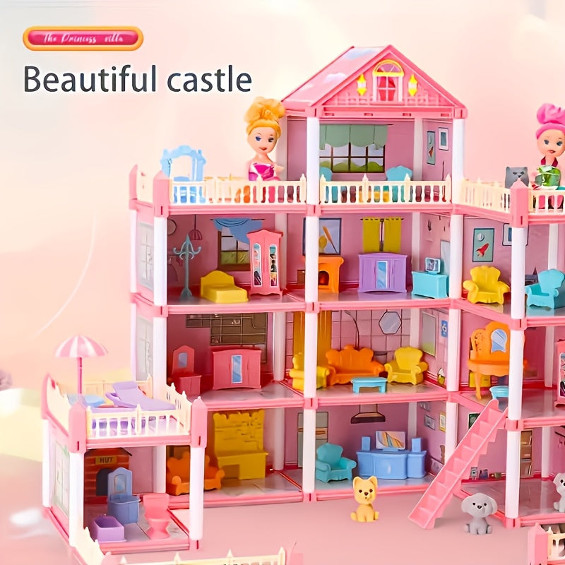 Princess Doll House, Doll Castle House with 4-Story 11 Rooms, Princess Doll House Gift for Girls Play Set with Fully Furniture & Accessories, Pink House Toys, Includes 4 Figures Doll Color Random