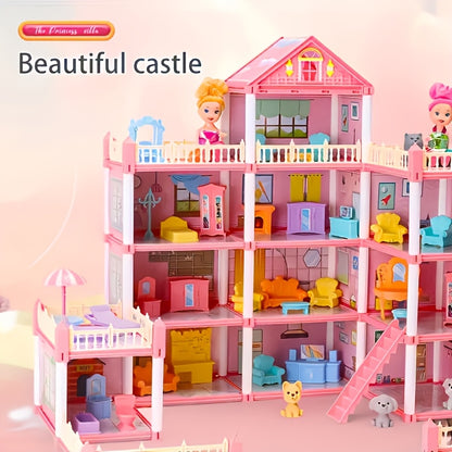 Princess Doll House, Doll Castle House with 4-Story 11 Rooms, Princess Doll House Gift for Girls Play Set with Fully Furniture & Accessories, Pink House Toys, Includes 4 Figures Doll Color Random