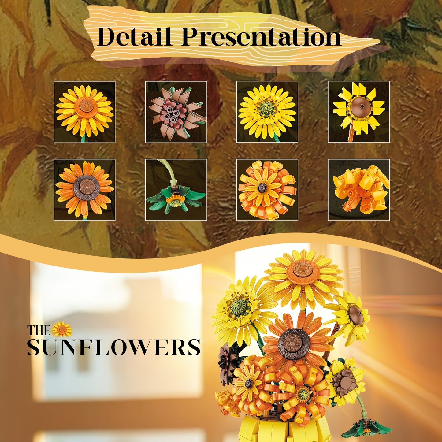 1009pcs Sunflower Bouquet Construction Kit with Vase - Botanical Collection Building Set for Adults - Mixed Color ABS Plastic Blocks, Age 14+