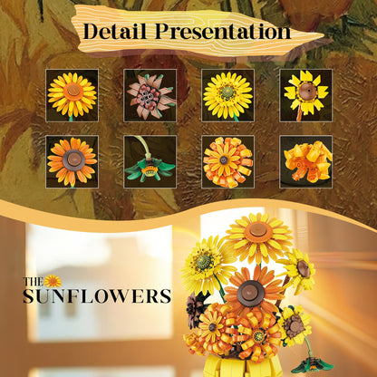 1009pcs Sunflower Bouquet Construction Kit with Vase - Botanical Collection Building Set for Adults - Mixed Color ABS Plastic Blocks, Age 14+