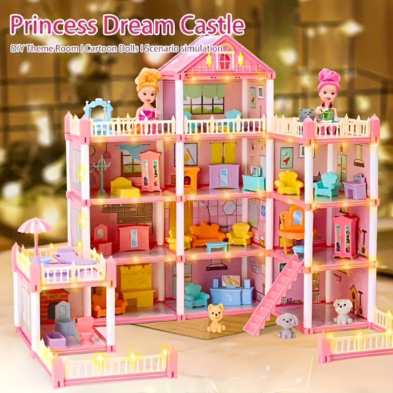 Princess Doll House, Doll Castle House with 4-Story 11 Rooms, Princess Doll House Gift for Girls Play Set with Fully Furniture & Accessories, Pink House Toys, Includes 4 Figures Doll Color Random