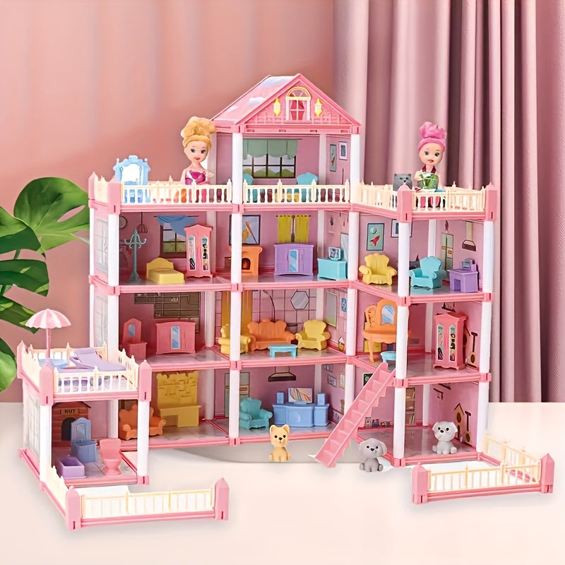 Princess Doll House, Doll Castle House with 4-Story 11 Rooms, Princess Doll House Gift for Girls Play Set with Fully Furniture & Accessories, Pink House Toys, Includes 4 Figures Doll Color Random