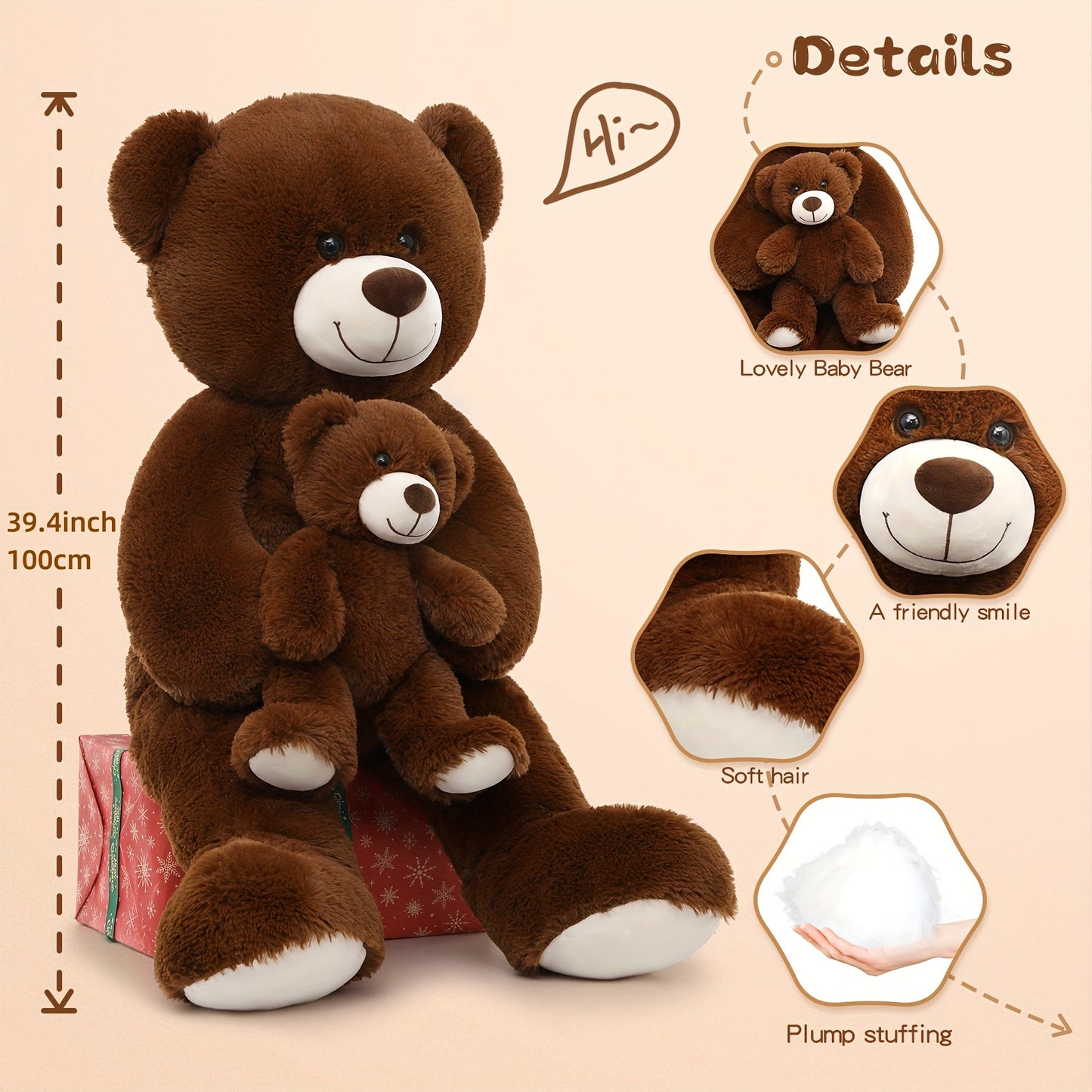 Dark Brown Giant Teddy Bear Set, Cute Big And Small Stuffed Animal, Teddy Bear Plush Toy For Kids, Great Gift For Christmas, Valentines Day, Party Decorations