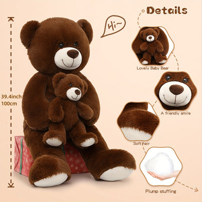 Dark Brown Giant Teddy Bear Set, Cute Big And Small Stuffed Animal, Teddy Bear Plush Toy For Kids, Great Gift For Christmas, Valentines Day, Party Decorations